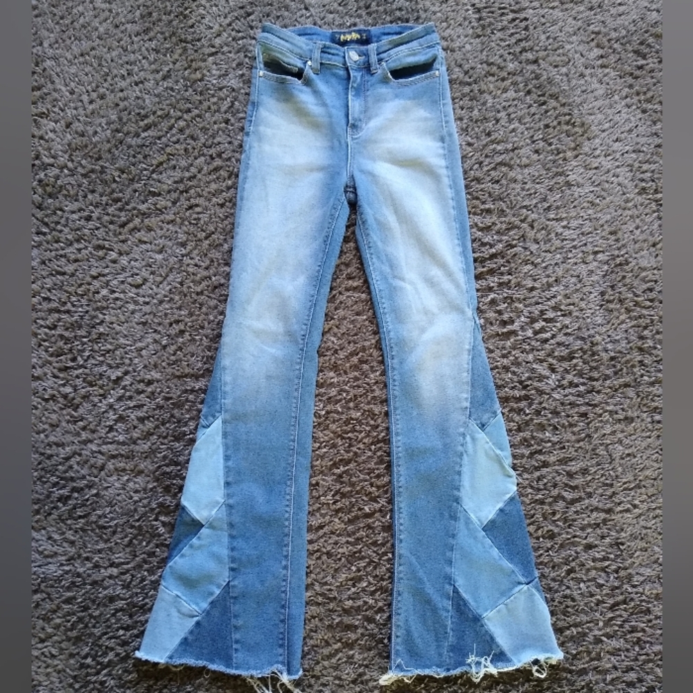 Indigo Rein Patchwork Flare Jeans Size 7 Y2K Boho Colorblock Raw Hem